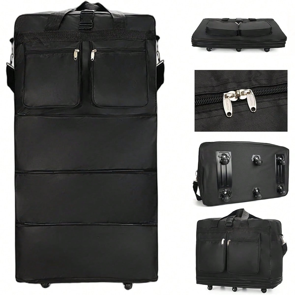 Foldable Rolling Luggage Bag - Czarna, składana torba podróżna na kółkach,